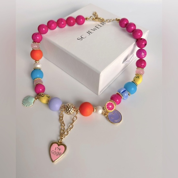 Gemstone Necklace Agate Stone Fimo Beads Handcrafted Necklace - Picture 2 of 8